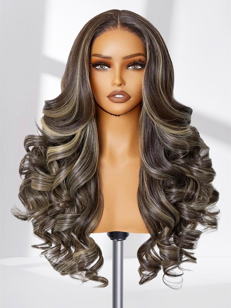 GORGIUS Glueless Loose Body Wave Lace Front Wigs Brown and Blonde Highlight Synthetic Hair Pre Cut Pre Plucked Middle Part Closure Wig For Women Pre Bleached Natural Hairline 24 Inch