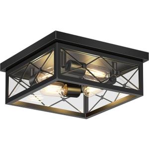 Asnxcju 12" Square Flush Mount Ceiling Light with Clear Glass Shade, 4-Light Farmhouse Outdoor Porch Ceiling Light Fixtures, Black Hallway Light Fixtures Mount for Garage Living Room Foyer