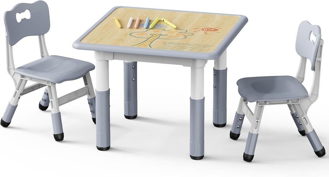 Brelley Kids Table and 2 Chairs Set, Height Adjustable Toddler Desk and Chair Set, Graffiti Desktop, Classroom/Daycare/Home, Children Multi-Activity Table for Ages 3-8 (Grey)
