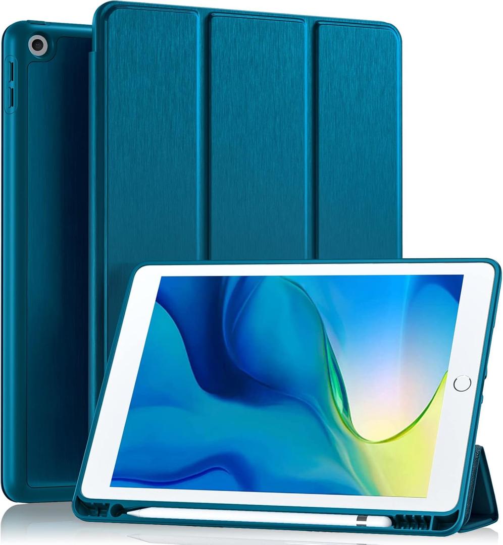 Akkerds Case Compatible with iPad 10.2 Inch 2021/2020/2019, for iPad 9th/8th/7th Generation Case with Pencil Holder, Protective with Soft TPU Back, Auto Sleep/Wake Cover, PeacockBlue
