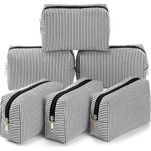 Sanwuta 6 Pcs Seersucker Cosmetic Bags Bulk Seersucker Makeup Bags Stripe Women Pouch Large Preppy Storage Pouch Toiletry Travel Organizer for Wedding Bridesmaid Bride Favor Mom Gift (Black)