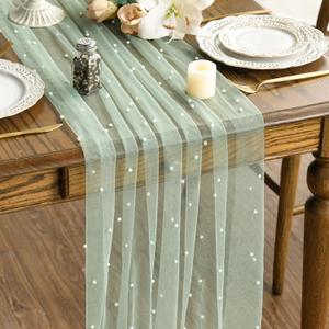 Artoid Mode 10PCS Pearl Grass Green Gauze Table Runner 120 Inch 10FT, Seasonal Sheer Dining Holiday Wedding Birthday Baby Shower Table Decor for Home Party