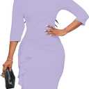 Womens 2024 Summer Dress Elegant Bodycon Boho Wedding Guest 3/ 4 Sleeve Ruffle Ruched Round Neck Church Formal Midi Pencil Dress(Lavender Large)