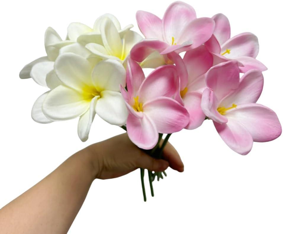 10 pc Artificial Plumeria Flowers with Stems,13inch Real Touch Lifelike Frangipani Fake Flower Bouquets for Home Office Wedding Engagement Party Spring Flowers Decor (White+Pink)