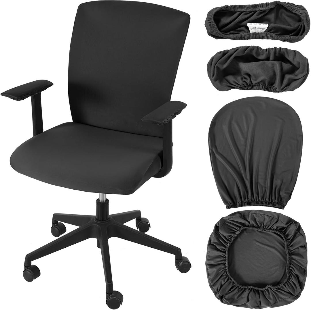 4 Pcs Office Chair Covers Set Computer Universal Protective Stretchable Chair Seat Covers Desk Armrest Cover Pads Office Cushion Backrest for Rotating(Regular,Dark Grey)