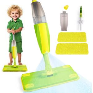 Kids Spray Mop, Fun & Functional Toddler Mop Cleaning Set, Real Working Mini Mop, Pretend Play Toy Includes Spray Bottle, Washable Microfiber Pads, Montessori Kids Cleaning Toy Set -Green