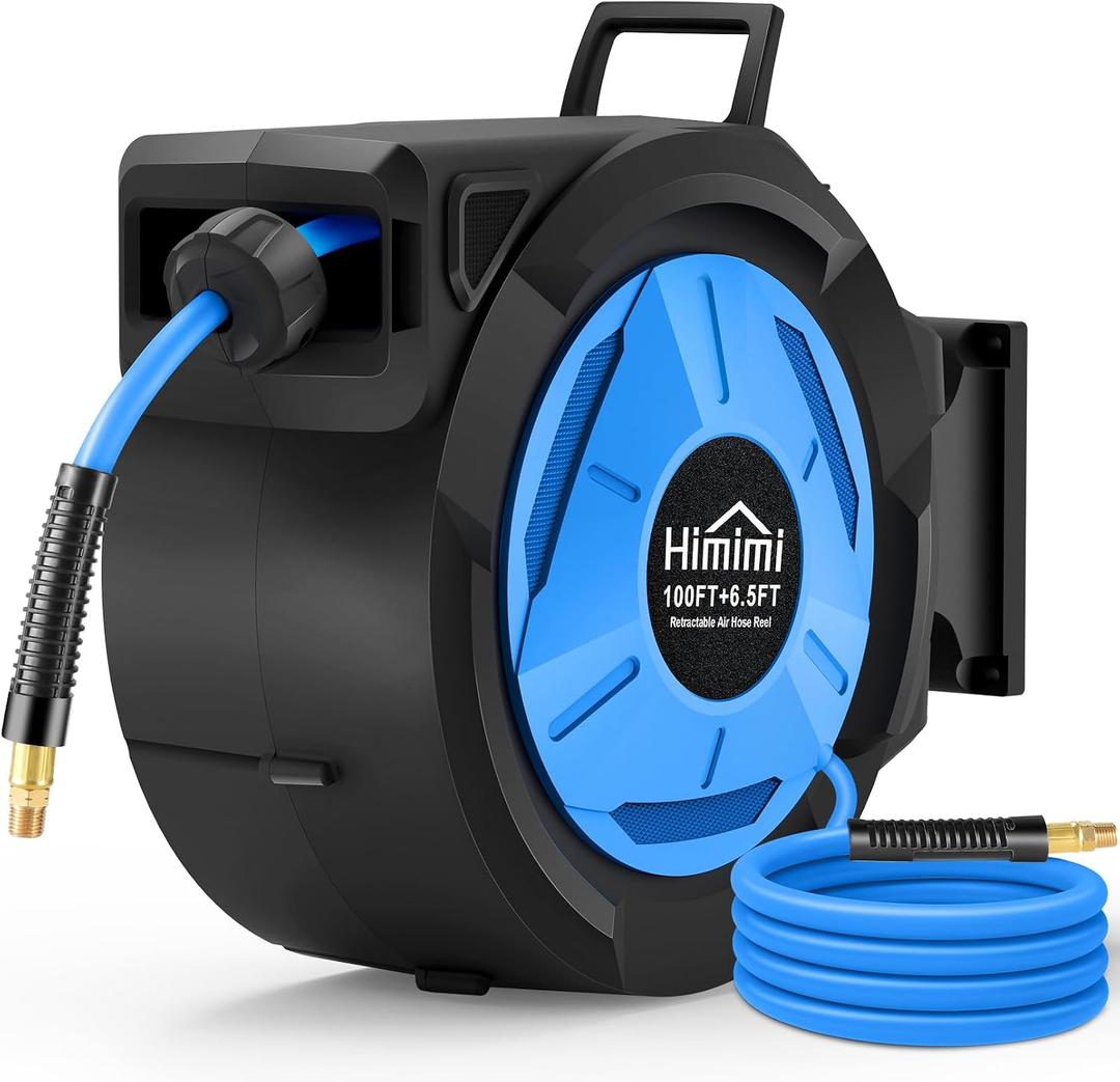 Retractable Air Hose Reel, 3/8" x 100 Ft Hybrid Hose Air Compressor Hose Reel with 6.5 Ft Lead-in Max 300 PSI, Air Hose with Any Length Lock, Automatic Rewind, 180 Swivel Bracket, Quick Coupler