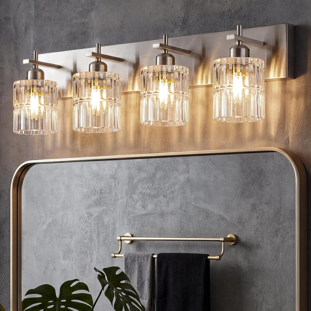 OCIOC 4-Light Nickel Bathroom Vanity Light Over Mirror, Brushed Nickel Bathroom Wall Lights with Glass Shades, Indoor Wall Mounted Lamp for Living Room Bedroom Hallway