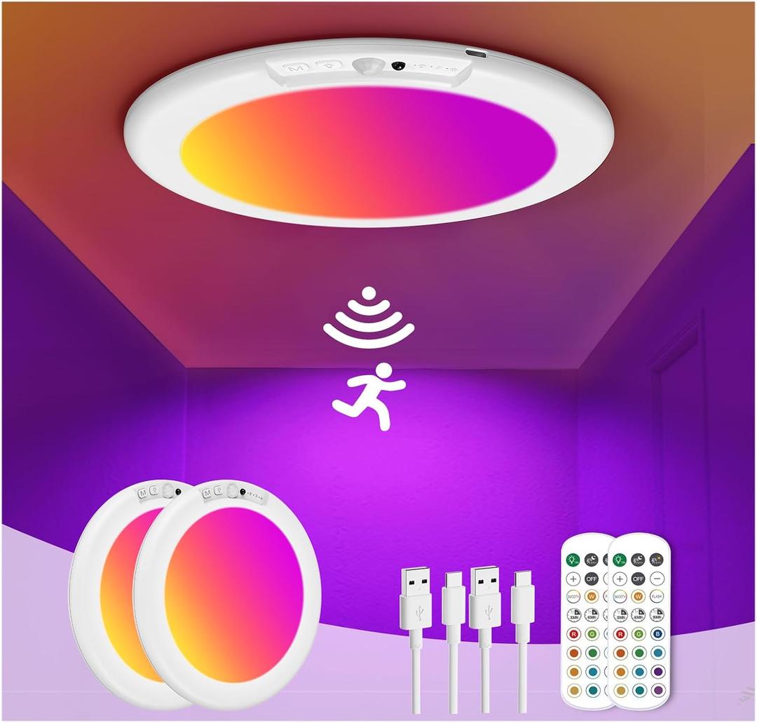 2 Pack Rechargeable Motion Sensor Ceiling Light with Remote, Wireless Battery Operated Closet Light with 13 Colors Changing, 0.55 Magnetic Lights for Shower Bathroom Closet Hallway Pantry (RGB Color & White)