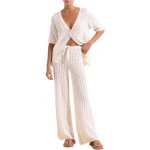 Imily Bela Women's Summer 2 Piece Swimsuit Cover up Crochet Knit Cardigan Tops Long Pants Set Bathing Suit Beach Outfit (Large, Beige)