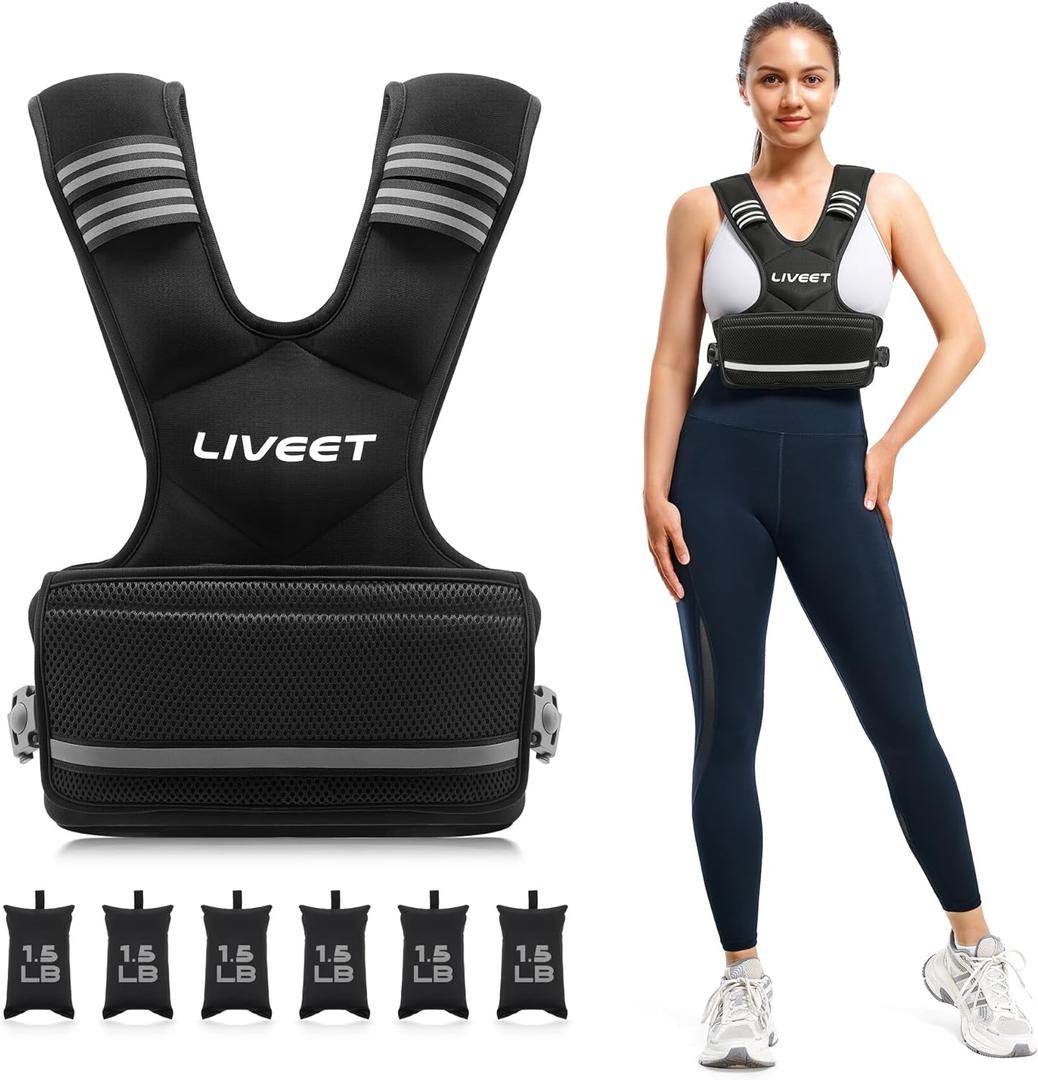 Liveet Adjustable Weighted Vest for Women Men, 11-20lb Weight Vest with 6 Ironsand Bags, Running Vest with Reflective Strips Adjustable Buckle Straps for Walking Strength Training