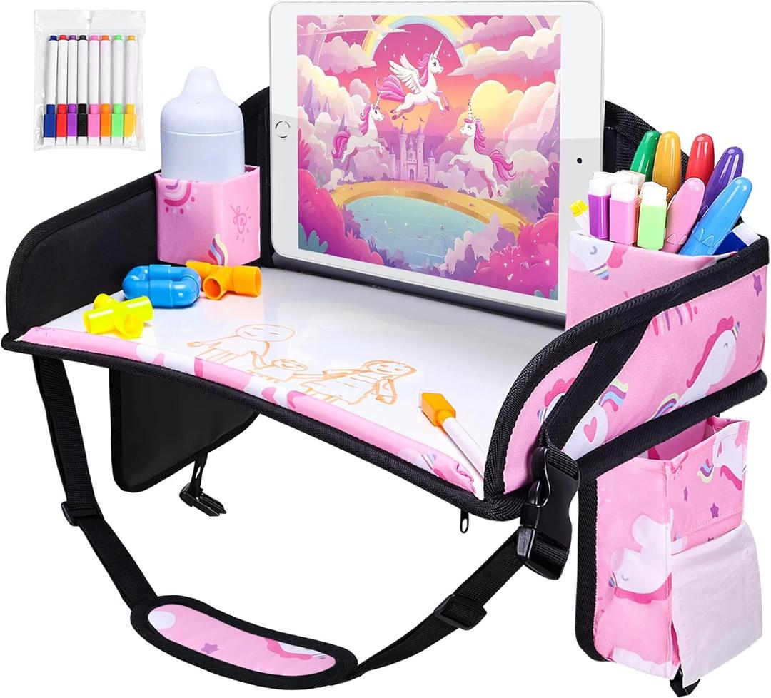 WENRENER Kids Travel Tray, Car Seat Tray for kids Travel, Toddler Road Trip Essentials With Drawing Kit, Toddler Lap Desk Organizer for Car, Carseat Table for Airplane (Dark Pink)