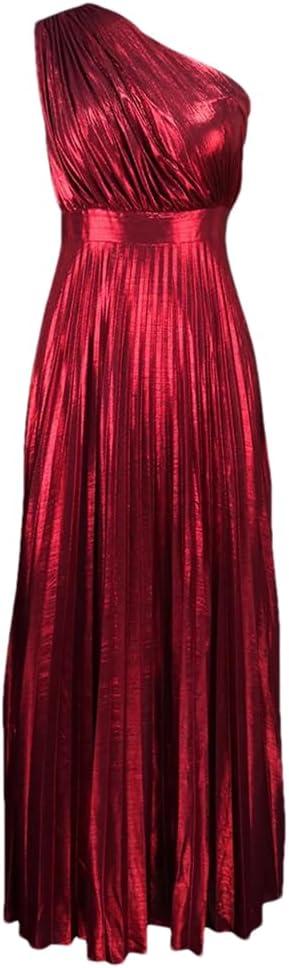 Women's Vintage One-Shoulder Party Dress Summer Solid Sleeveless A-Line Mid-Calf Dresses (Red, 2XL)