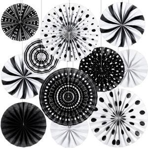 18 Pcs Black White Round Hanging Paper Fans Decor Back to School Paper Fans Round Garlands Bulletin Board Classroom Decorations for Party Supplies Classroom Decor