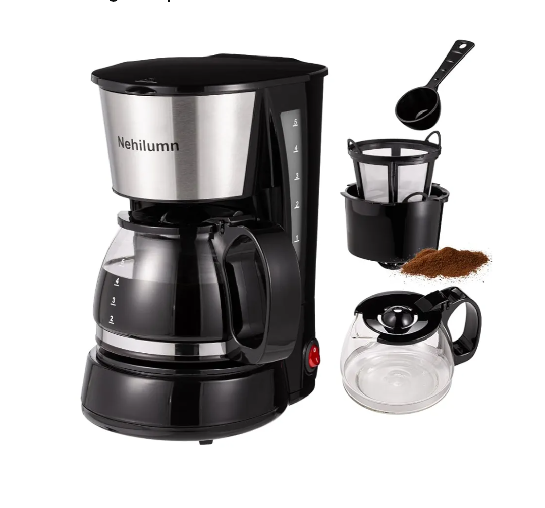 Nehilumn 4-5 Cups Drip Coffee Maker, Coffee Pot Machine Permanent Coffee Filter, Mini,20Oz Electric Coffee Maker,650W Black and Stainless Steel