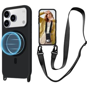 for iPhone 17 Pro Case with Lanyard Compatible with MagSafe Silicone, Crossbody Phone Case with Neck Strap Adjustable, Magnetic Phone Cover for iPhone 17 Pro 6.3'' Black
