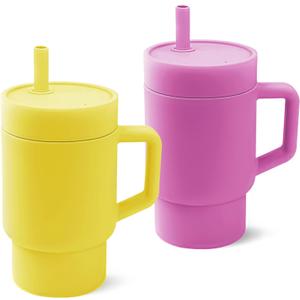 DLOCCOLD Silicone Straw Cup, Adorable Miniature Tumbler with Straw Handle, Tumbler Cup, 10oz, Easy to Clean (2 pack, Ocean and Lilac)