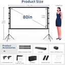 80 Inch Projector Screen with Stand, 16:9 4K HD Movie Projector Screen Outdoor Indoor Front/Rear with Carry Bag for Home Backyard Camping Movie Night