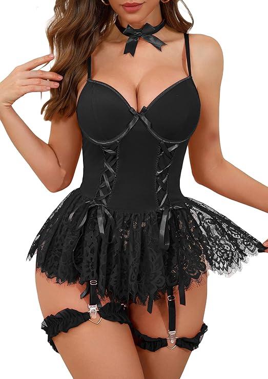 Women's Lingerie Sets 4 Piece Lace Underwire Corset Bodysuit with Garter Belt & Bow Tie (Large, Dark Purple)