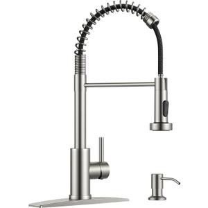 Kitchen Faucet with Soap Dispenser, Pull Down Sprayer, Brushed Nickel Stainless Steel, Modern Spring 1 Handle Sink Faucet with Deck Plate for 1 or 3 Hole Sinks for Bar RV Laundry Farmhouse