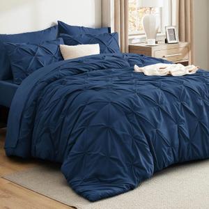 Bedsure Queen Comforter Set Navy - Bed in a Bag Queen Size Bedding 7 Pieces, GentleSoft Pintuck Bed Set Gift for Family, Pinch Pleat All Season Comforter with Sheets, Pillowcases & Shams