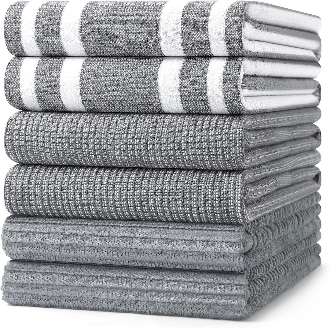 Homaxy Premium Kitchen Towels(18x 28, 6 Pack), Large Cotton 380 GSM Kitchen Hand Towels, Soft and Absorbent Terry Dish Towels, Multipurpose Tea Towel Set with Hanging Loop, Grey, 18 inches by 28 inches