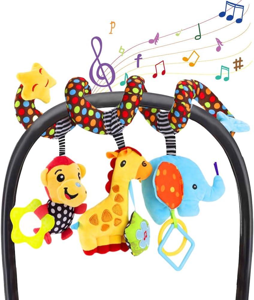 WILLWAY Car Seat Toys, Stroller Toy Baby Spiral Hanging Toys for Sensory Exploration, 0-12 Months Newborn Toys for Car Seat Stroller Crib Bassinet Mobile with Music Box BB Squeaker Rattles
