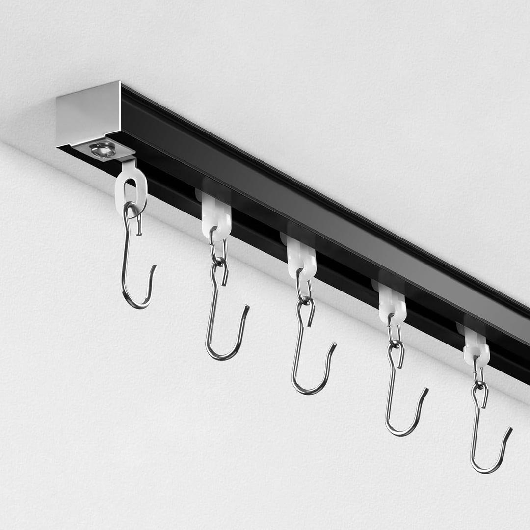 Ceiling Curtain Track, Curtain Track with Roller Hooks, 6ft - 9ft Ceiling Mounted Rail Set for Room Divider, Black