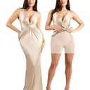 Popilush Shapewear Dress Ruched Bodycon - Deep V Neck Maxi Formal Dresses Built in Shapewear Sleeveless Long Dress Champagne XL