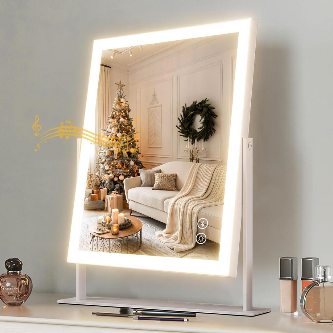 Hansong Vanity Mirror with Lights 11.8"x9.8" Lighted Makeup Mirror with Bluetooth Speaker Smart Touch Control LED Mirror with 3 Color Light Modes Detachable 10X Magnification and 360°Rotation