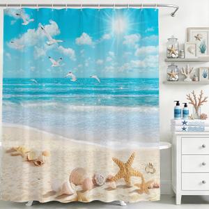Mocsicka Ocean Beach Shower Curtain Summer Tropical Beach Shells Bathroom Shower Curtain Summer Seaside Nautical Coastal Waterproof Fabric Shower Curtains Bathtub Decor with 12 Hooks 72 X 72 Inch