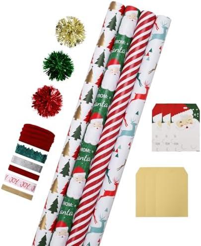 LaRibbons Christmas Wrapping Paper Sets, Reindeer & Santa & Candy Cane Stripes Design with Ribbons & Gift Tags & Metallic Pom Pom for Christmas, Holiday, 30Inch × 10Feet（ 4 Rolls: 100 Sq.Ft.Ttl）