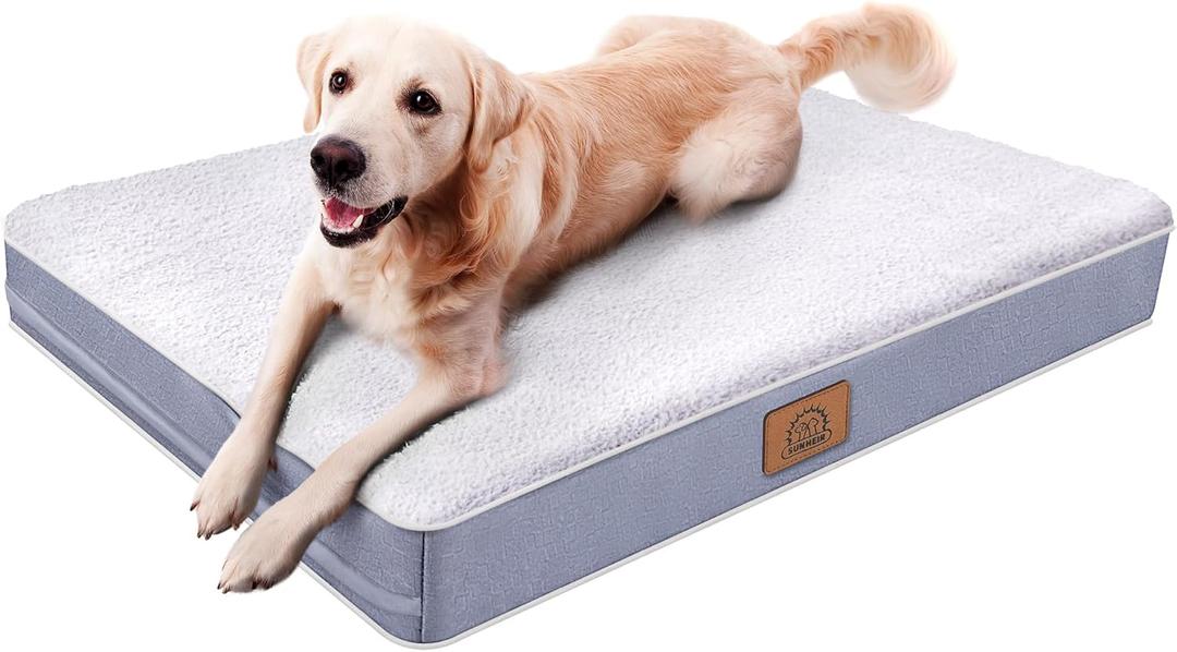 Orthopedic Dog Bed for Extra Large Dogs, XXL Waterproof Deluxe Plush Dog Crate Bed with Removable Washable Cover & Anti-Slip Bottom, Egg Crate Foam Pet Bed Mat, 44 x 32 Inches, Silver Grey