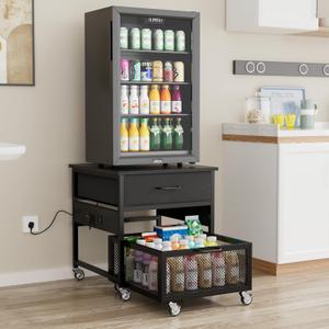 VOWNER Mini Fridge Stand with Storage, Heavy Duty Small Refrigerator Stand Cart with Power Outlets, with Drawer and Lockable Wheels, 19.7x19.7in Tabletop for Dorm Apartment Office, Black
