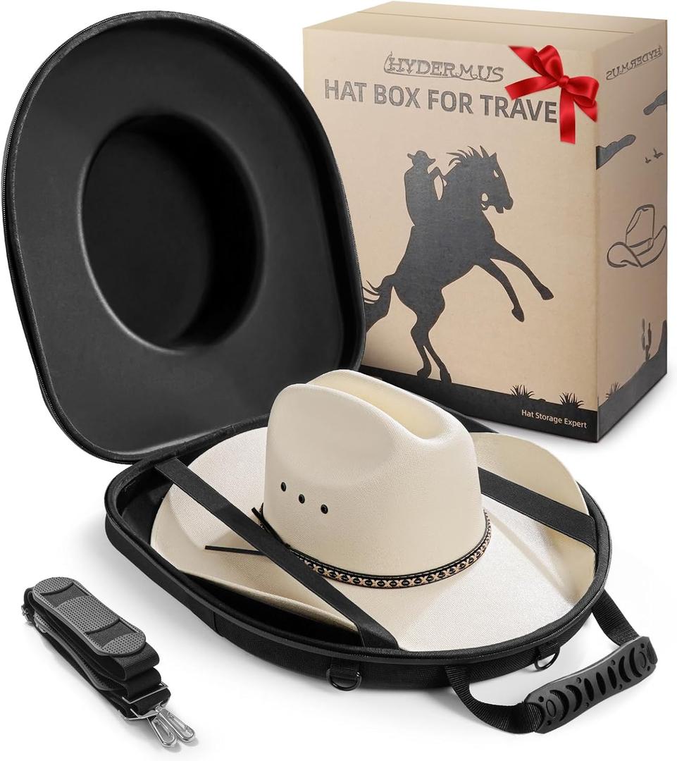 Cowboy Hat Box for Travel, Waterproof Hat Travel Case, Crush Proof Hat Can Storage for Fedora, Panama, Tweed Hats, Cowboy Hat Holder, Hat Carrier for Travel, Black, Large, Men's Western Gifts