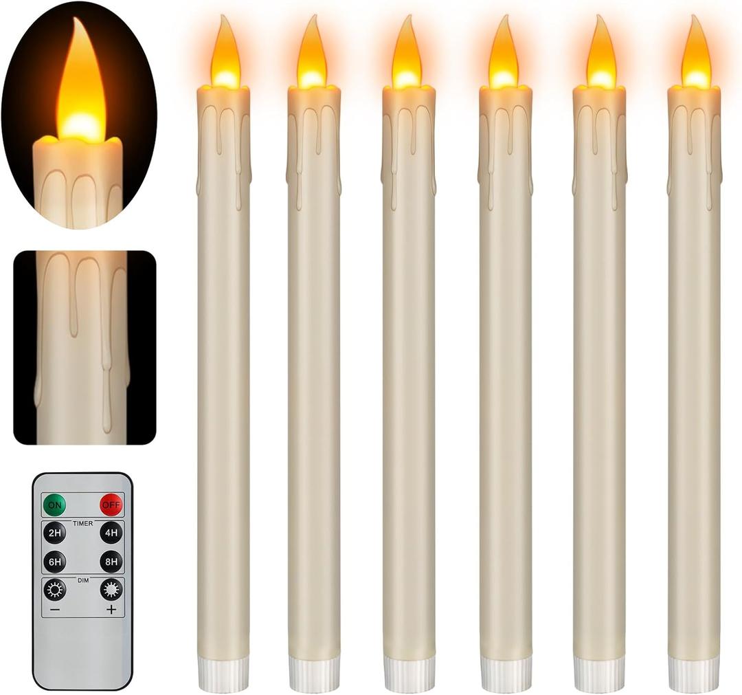 wemarry Flameless Taper Candles Realistic Flickering Flame, Battery Operated, Remote Control with Timer, Safe for Kids & Pets, Ivory, 10-Inch, Pack of 6 Ideal for Home, Weddings & Parties (Ivory Drip Base)
