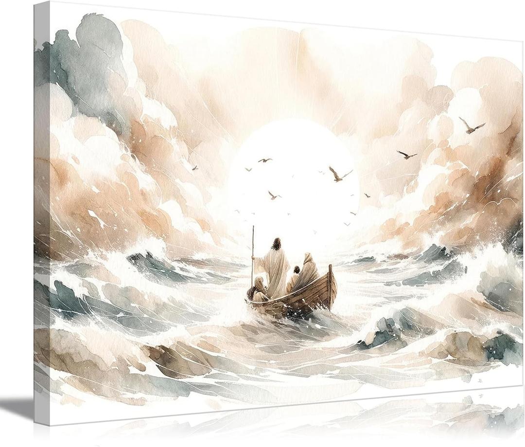 Jesus Calms The Storm Canvas Wall Art Watercolor Jesus At Sea Wall Decor Picture Christ Bible Story Poster Print Printing for Living Room Bedroom Church Decoration Ready To Hang (24L" x 16W" Canvas, Jesus Covers the Sea)