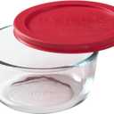 Pyrex Simply Store 2-Cup Single Glass Food Storage Container with Lid, Non-Pourous Glass Round Meal Prep Container with Lid, BPA-Free Lid, Dishwasher, Microwave, Oven and Freezer Safe (Red)