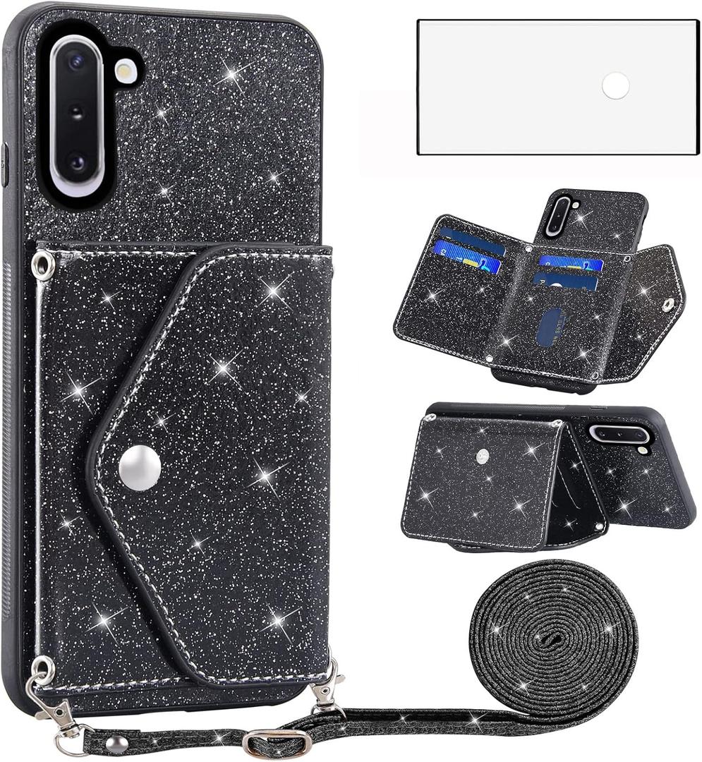 Asuwish Phone Case for Samsung Galaxy Note 10 5G Wallet Cover with Tempered Glass Screen Protector and Crossbody Strap Lanyard Bling Glitter Credit Card Holder Note10 Notes 10s Ten Not S10 Black