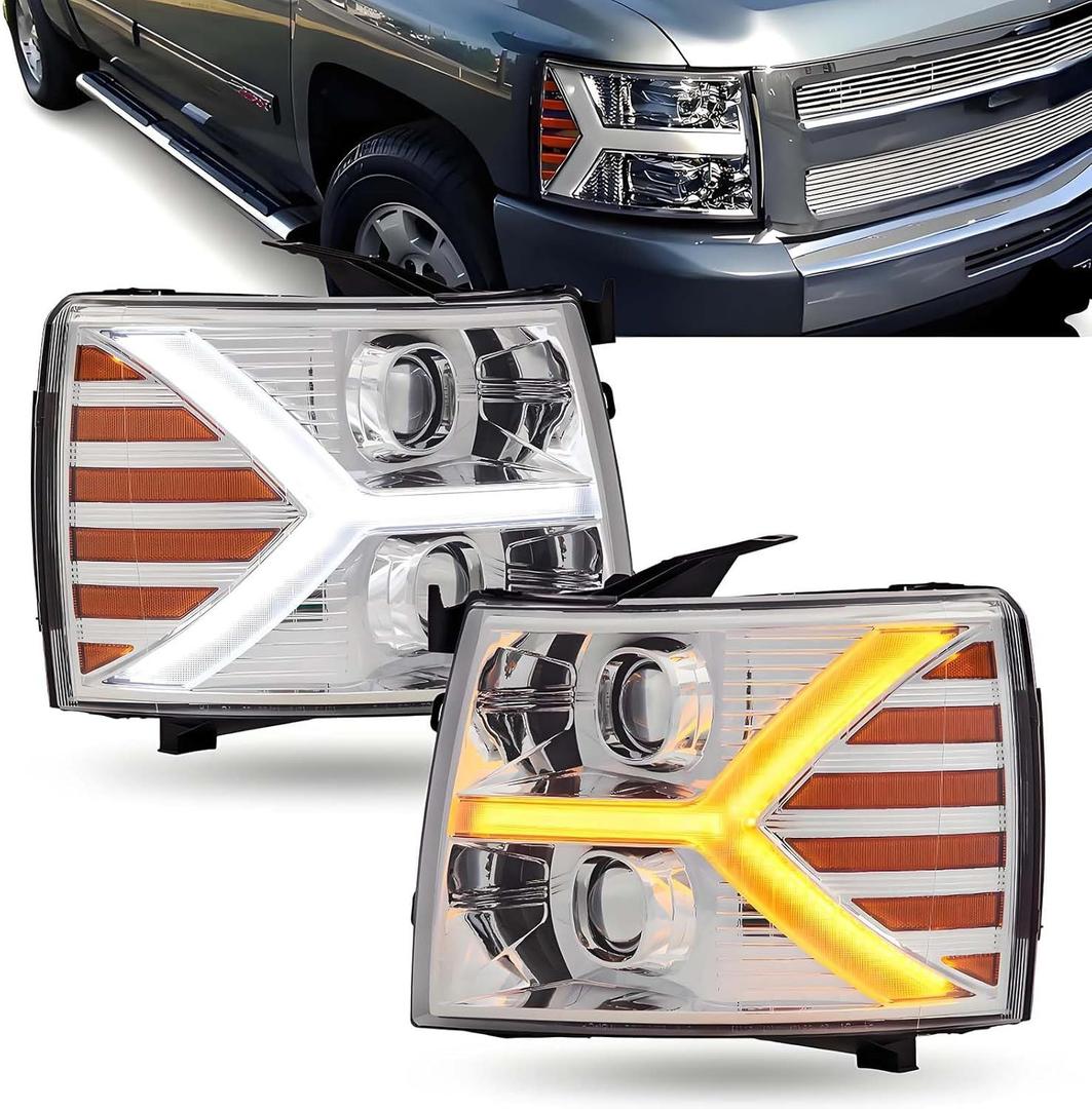 ISHARINGAUTOPARTS Headlights Assembly Compatible with 2007 2008 2009 2010 2011 2012 2013 Chevy Silverado 1500 w/LED DRL Projecter Headlamp, Chrome Housing, 2 Pack