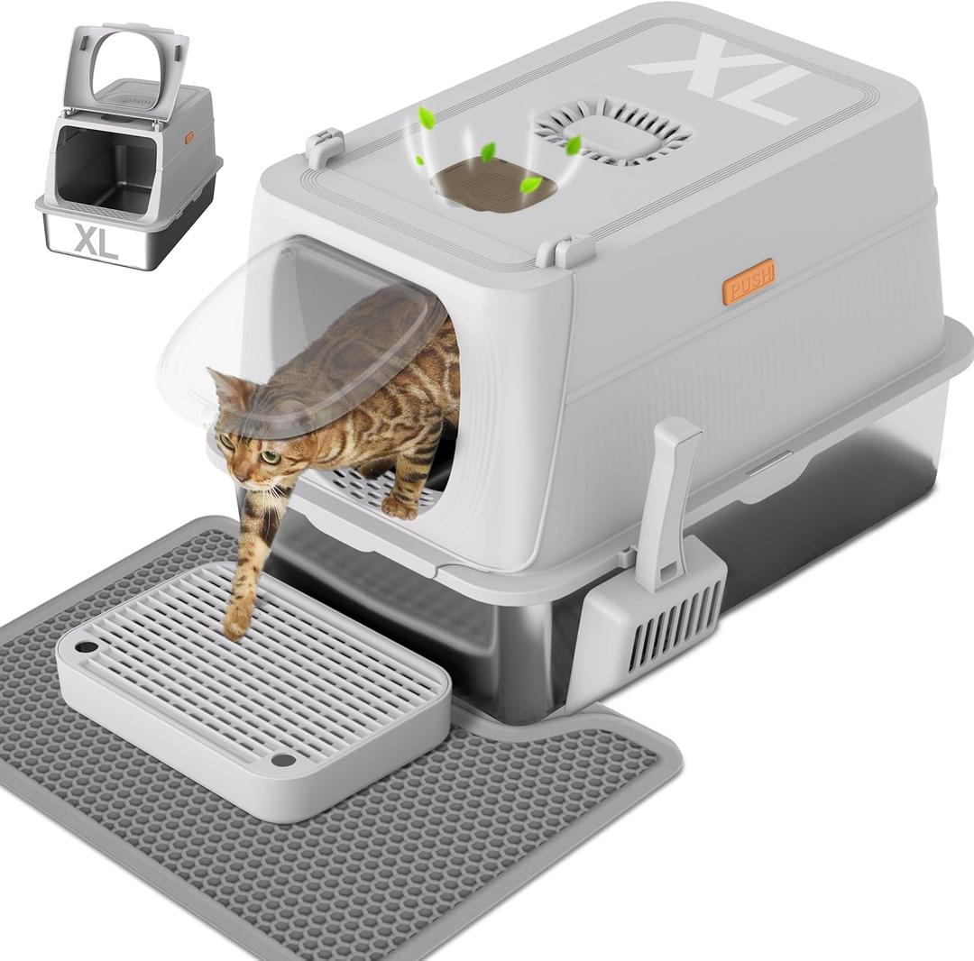 Citylife Stainless Steel Cat Litter Box with Lid, XL Extra Large Enclosed Removable Metal Litter Box with Litter Scoop&Double Layer Litter Mat, Non-Sticky, Non-Odor, Easy Cleaning, for Big Cats, Grey