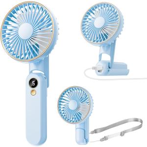 Portable Handheld Fan, [Up to 15 Working Hours],180° Foldable Personal Fan, USB Rechargeable Mini Hand Fans for Travel/Summer/Outdoor/Office, 5 Speeds Adjustable, LED Display,Blue, 2.8 x 5.9 x 3.8 inches