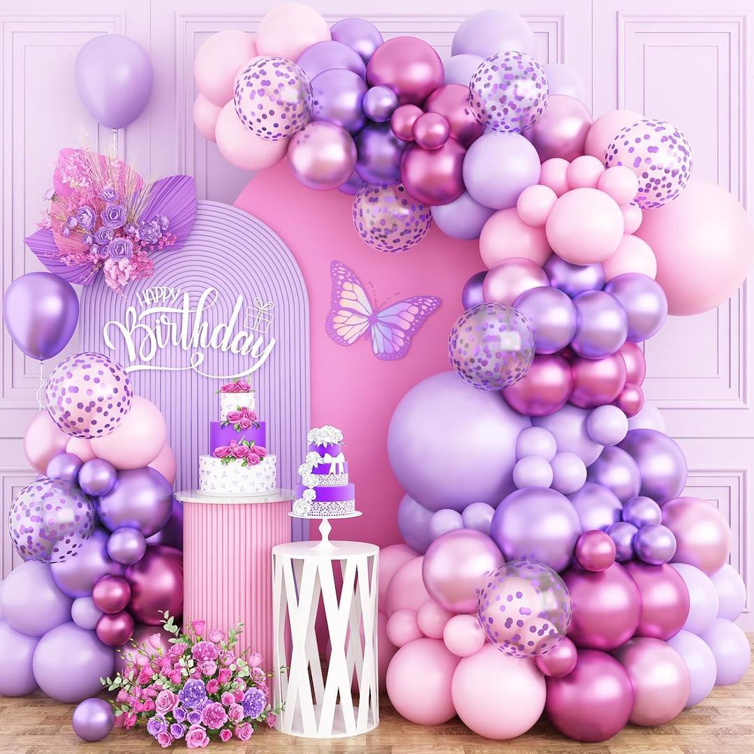 150pcs Purple Pink Balloon Arch Kit Party Decorations 18 12 10 5In Different Size Color Latex Confetti Balloons for Girl Women Birthday Bridal Baby Shower Wedding Party Decor
