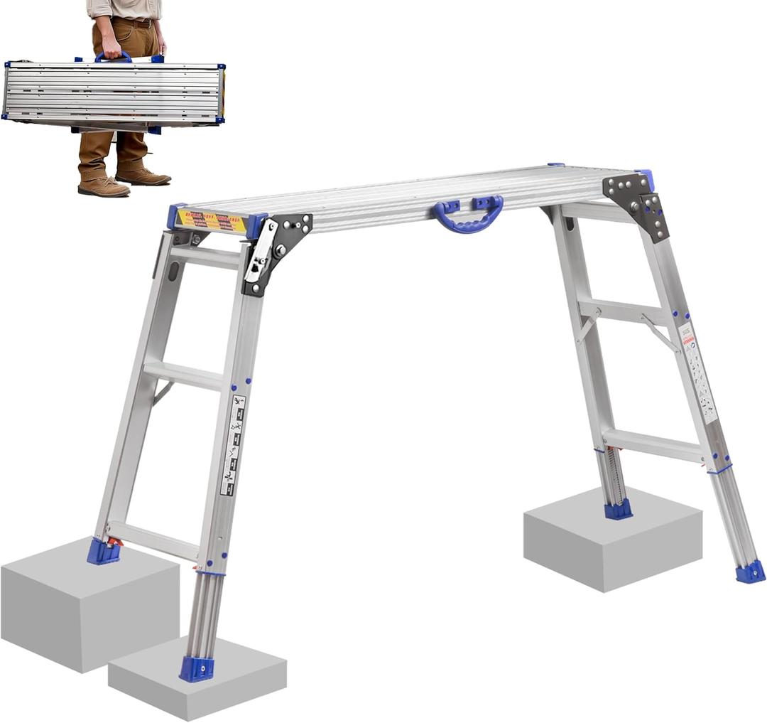 Work Platform 40"x 12"Folding 2-Steps Aluminum Step Ladder, All Legs Adjustable Height 27.5" to 37", Heavy Duty 330 Lbs Rated with Handle Easy to Carry for Washing Vehicles, DIY Decorating Home