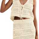 Saodimallsu Womens Crochet Swim Cover Up 2 Piece V Neck Sleeveless Front Tie Crop Tops Beach Mini Skirt Coverup Set (White)