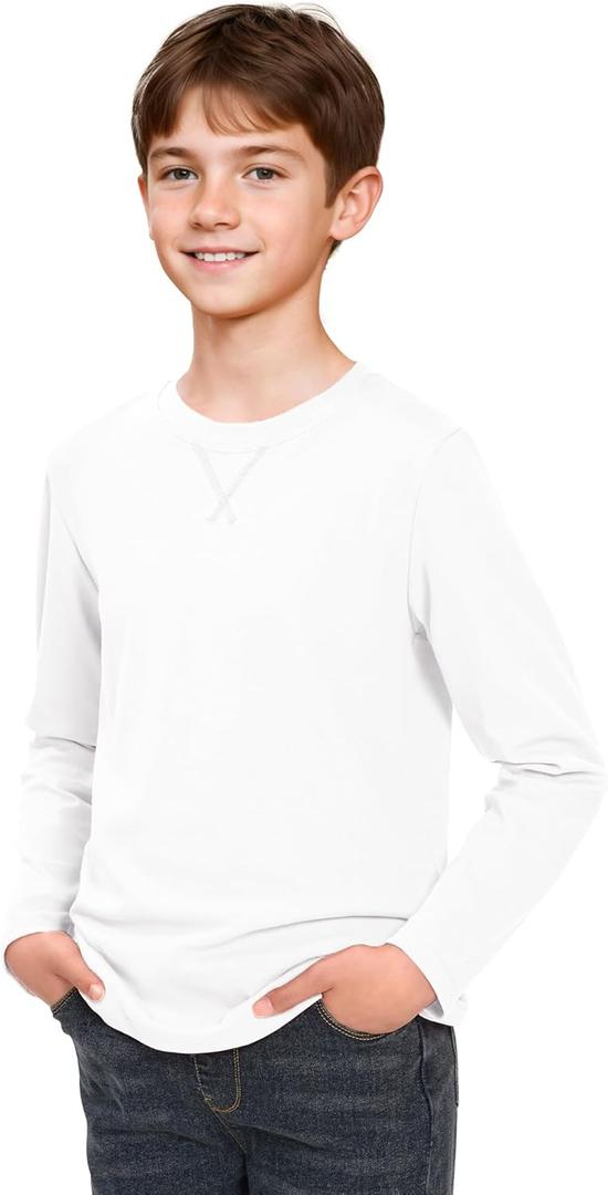 Boys Long Sleeve Shirts Cotton Crewneck T-Shirts for Boy Kids Basic Tee Sweatshirt 7-14 Years (White)