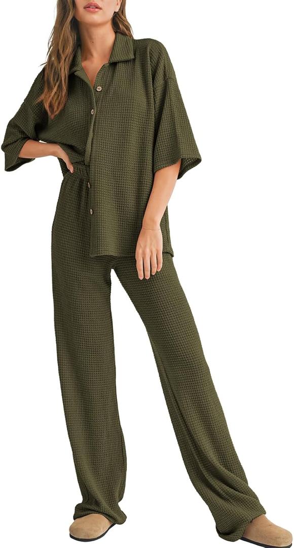 SHEWIN Lounge Sets for Women Casual Short Sleeve Pullover Tops Sweatsuit Two Piece Sets Casual Loose Pants Comfy Pajamas for Women Set Summer Clothes Trendy 2025 Green Small