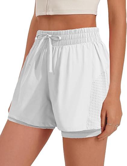 PINSPARK Running Shorts for Women Quick Dry Gym Workout Shorts with Liner Zipper Pockets Drawstring High Waisted Short White XXL