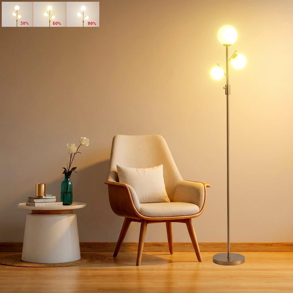 Fiqevs Upgraded Dimmable Globe Floor Lamp for Living Room, Mid Century Modern Gold Tree Floor Lamps with LED Bulbs, Elegant Standing Lamp for Bedroom Office Dining Room