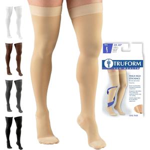 Truform 20-30 mmHg Compression Stockings for Men and Women, Thigh High Length, Dot Top, Closed Toe, Beige, Large (Large (1 Pair))